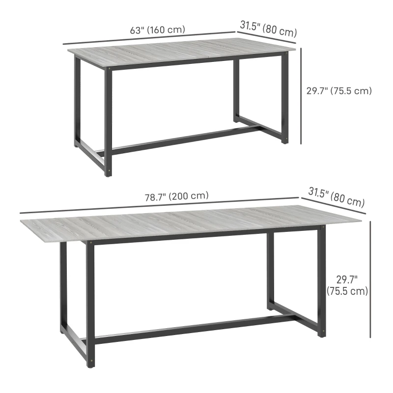 HOMCOM 63"-79" Collapsible Dining Table for 4-6, Foldable Kitchen Table with Steel Frame for Dining Room, Grey Wood Grain