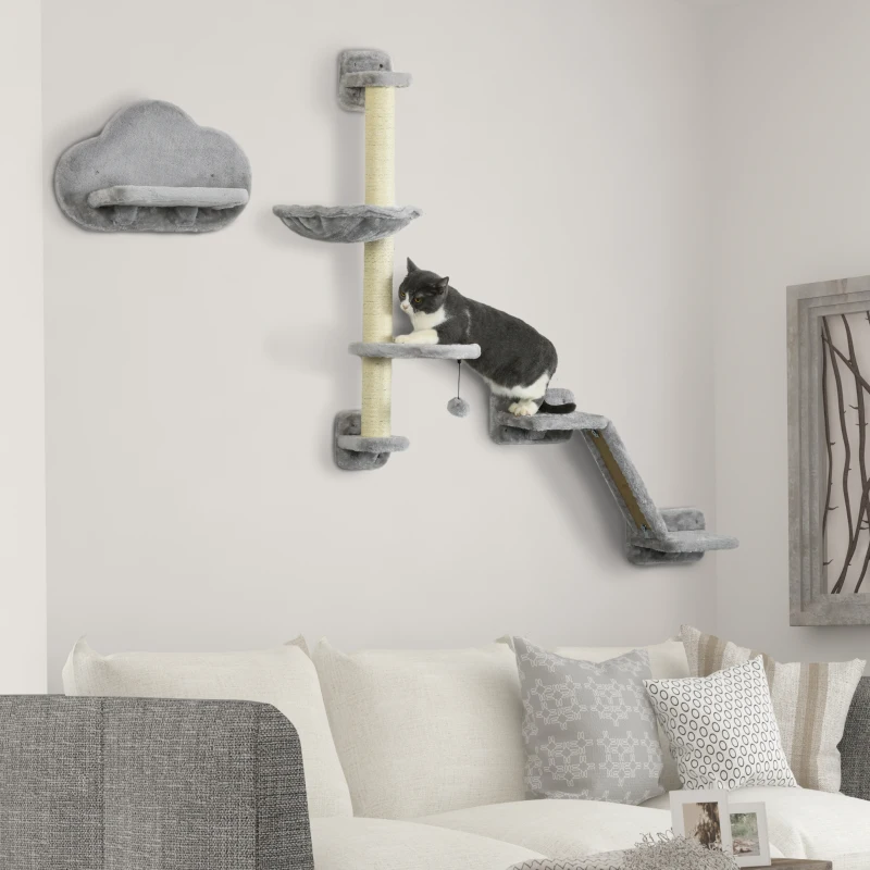 PawHut 3PCs Cat Shelves with Hammock, Scratching Posts, Platforms, Grey
