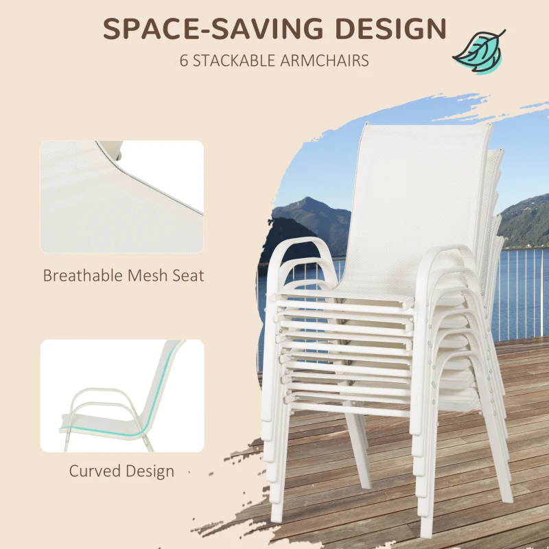 Outsunny 8 Pieces Patio Dining Set with Umbrella, 6 Chairs and Table, Cream White