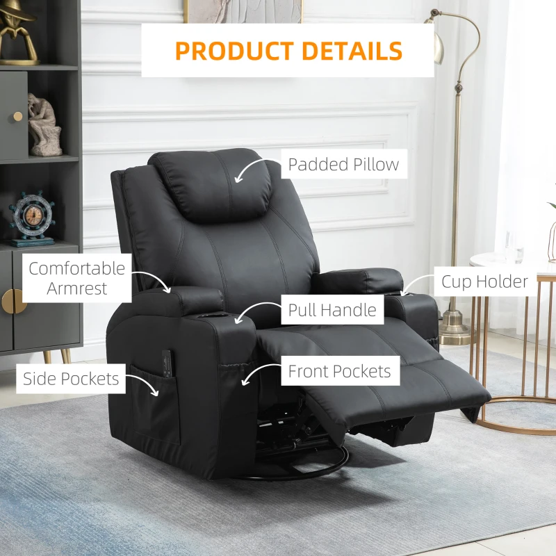 HOMCOM Massage Recliner Chair, Swivel Nursery Rocker Chair, Manual Reclining Sofa with 8 Vibration Points, PU Leather, Cup Holders, Side Pockets, for Living Room, Black