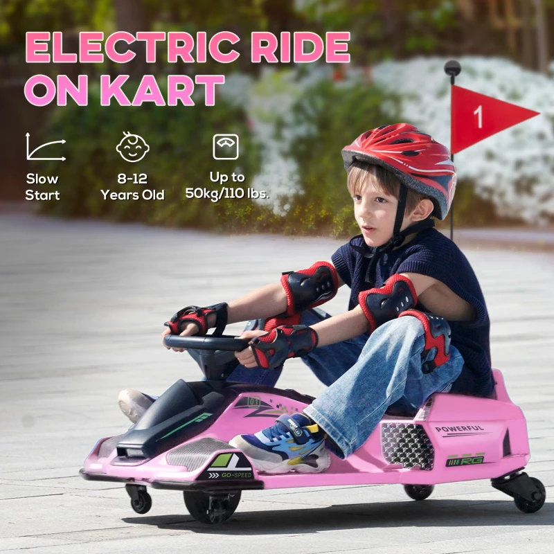 Aosom 12V Electric Drifting Go Kart w/ Slow Start, Music, Lights, Pink(m-7)
