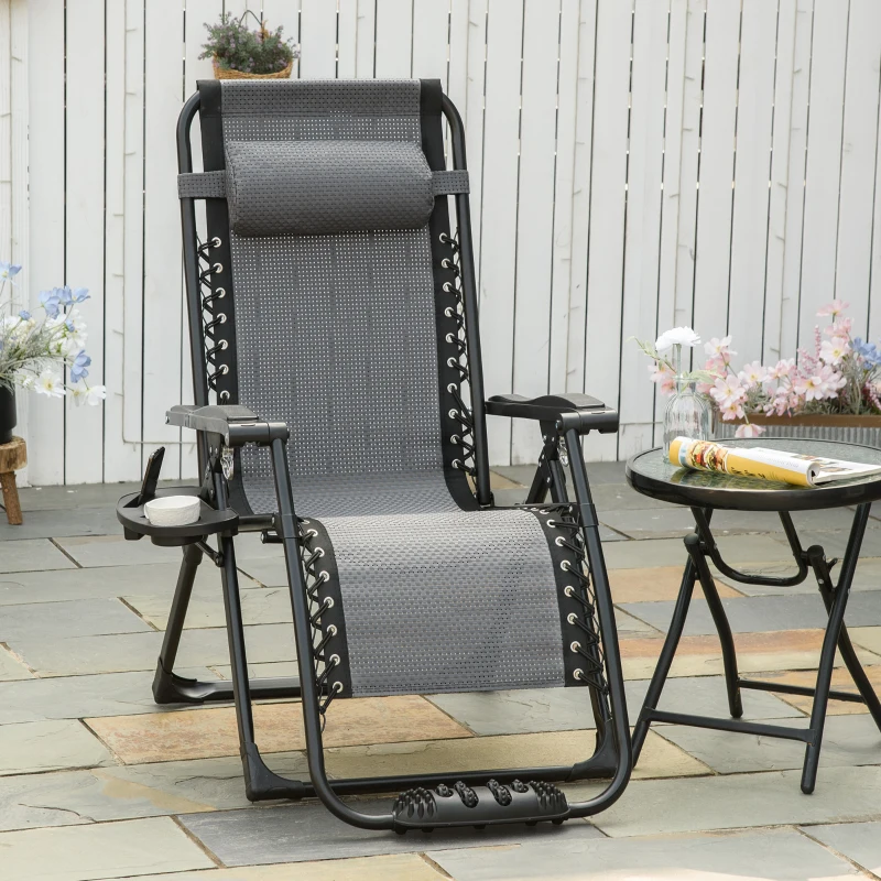 Outsunny Zero Gravity Chair, Folding Recliner Chair, Adjustable Patio Lounger with Detachable Pillow, Cup Holder and Foot Massage Roller for Outdoor, Patio, Deck, Poolside, Light Grey