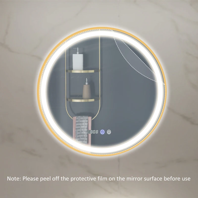 HOMCOM 24" Round Bathroom Mirror with LED Lights, Wall Mounted Vanity Mirror with Anti-Fog Pad, Time and Temp Display, Gold