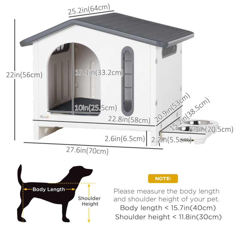 PawHut Plastic Dog House with Air Vents, Small Dog House with Door Opening, Elevated Floor, Bowl Holder, 2 Bowls, Soft Washable Cushion, for Small Sized Dogs, White