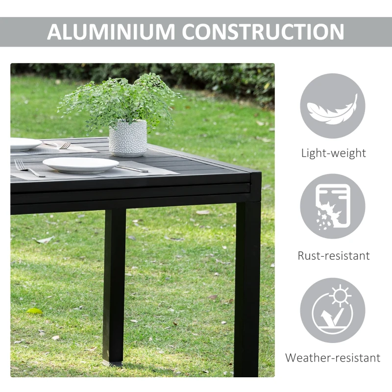 Outsunny Extendable Dining Table Metal Outdoor Slat Table for 4-6 Person Rectangular Lawn Garden Bistro Patio Table with Aluminum Frame, Black
