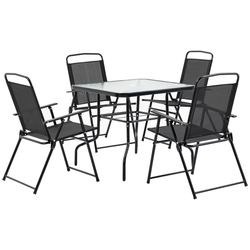 Outsunny 5 Pieces Patio Table and Chairs, Outdoor Dining Set with 4 Folding Chairs, Glass Tabletop and Parasol Hole, Black