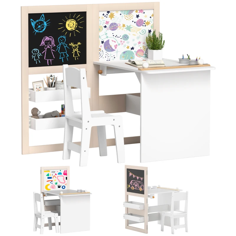 Qaba 3 in 1 Kids Table and Chair Set with Foldable Easel, Storage Shelves, Roll Paper, White