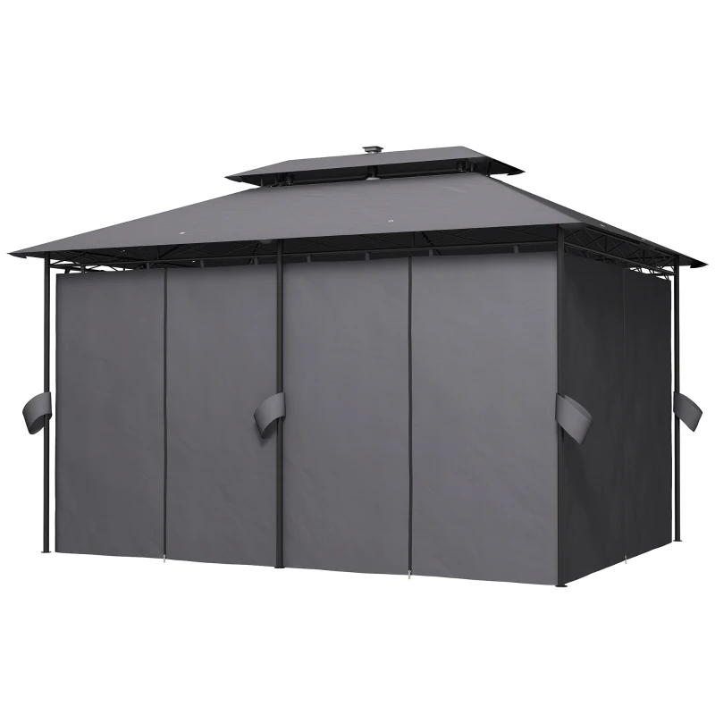 Outsunny 10' x 13' Outdoor Gazebo with Curtains and Solar-Powered LED Lights, Double Roof Patio Gazebo Canopy Shelter
