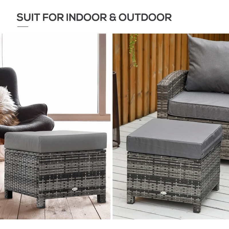 Outsunny Patio Rattan Ottoman, Outdoor Wicker Footrest with Soft Cushion, Metal Frame for Backyard, Garden, and Poolside, Grey