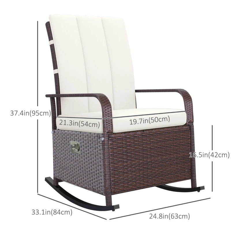 Outsunny Outdoor Wicker Rocking Chair with Cushion, Patio PE Rattan Recliner Chair with Adjustable Footrest, Armrests, Cream White