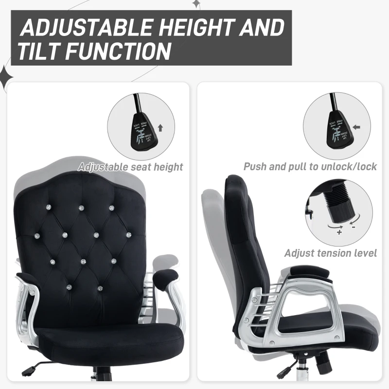 Vinsetto Velvet Office Chair Desk Chair with 360 Degree Swivel Wheels Adjustable Height Tilt Function Black