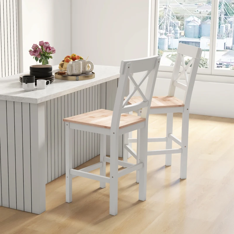 HOMCOM Counter Height Stools Set of 2, Farmhouse Bar Stools with Backs, Solid Wood Counter Stools for Kitchen Island