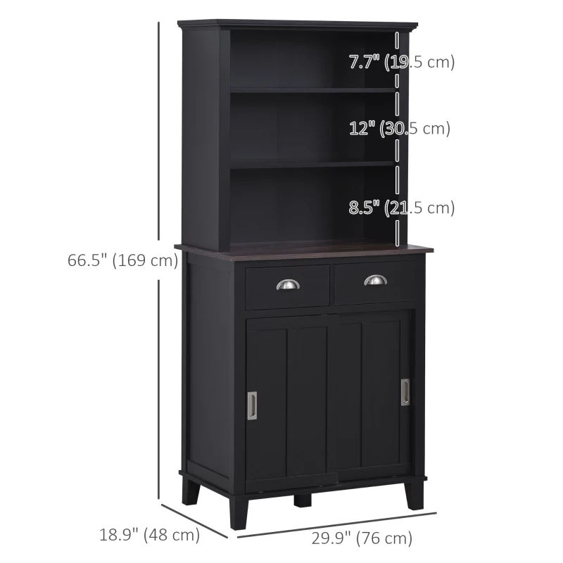 HOMCOM 66.5" Freestanding Kitchen Pantry Cabinet, Buffet with Hutch, Sliding Doors and Adjustable Shelves, Black