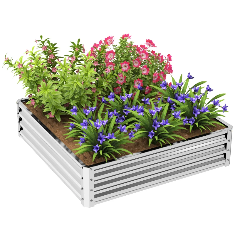 Outsunny 4' x 4' x 1' Raised Garden Bed Galvanized Steel Planter Box for Vegetables, Flowers, Herbs, Silver