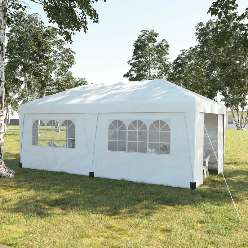 Outsunny 10' x 19.5' Pop Up Canopy Tent Height Adjustable Event Shelter w/ Sidewalls, Leg Weight Bags, Wheeled Carry Bag, White
