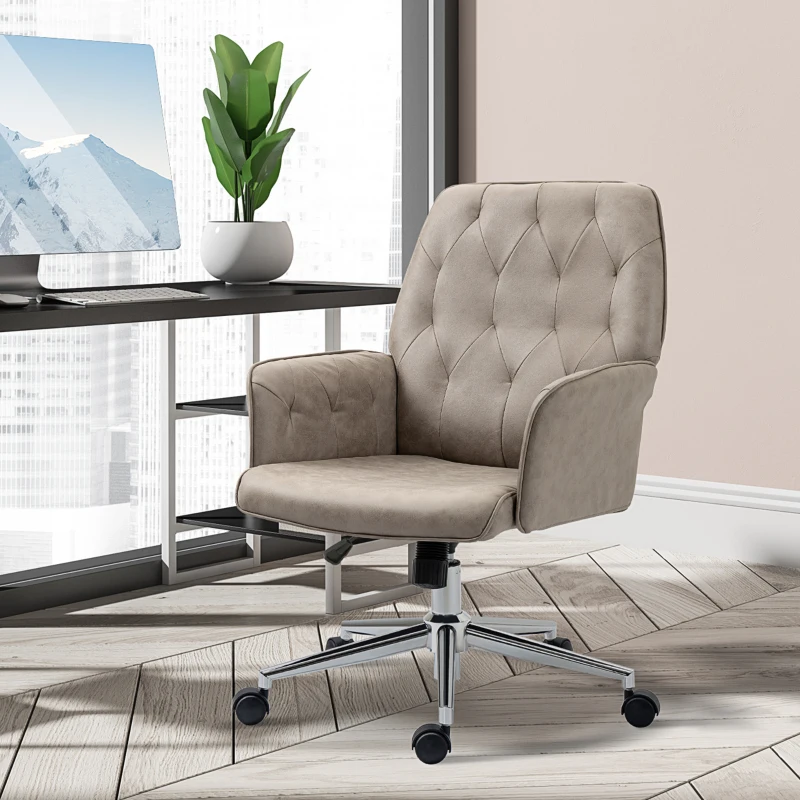 Vinsetto Microfiber Home Office Chair, Tufted Height Adjustable Computer Desk Chair with Swivel Wheels and Padded Armrests, Light Gray