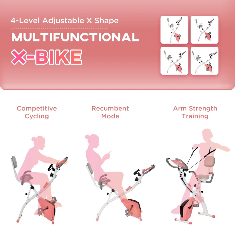 Soozier 3 in 1 Folding Exercise Bike, Foldable Stationary Bike with 8-Level Magnetic Resistance, Adjustable Seat, Pink