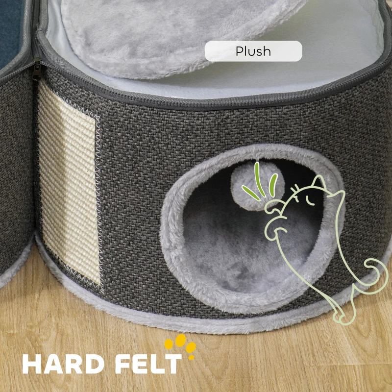PawHut 2-Story Cat Condo Barrel Tree with Top Perch, 2 Hideaways, Scratching Board, Removable Cushions, Toy Balls, Dark Grey