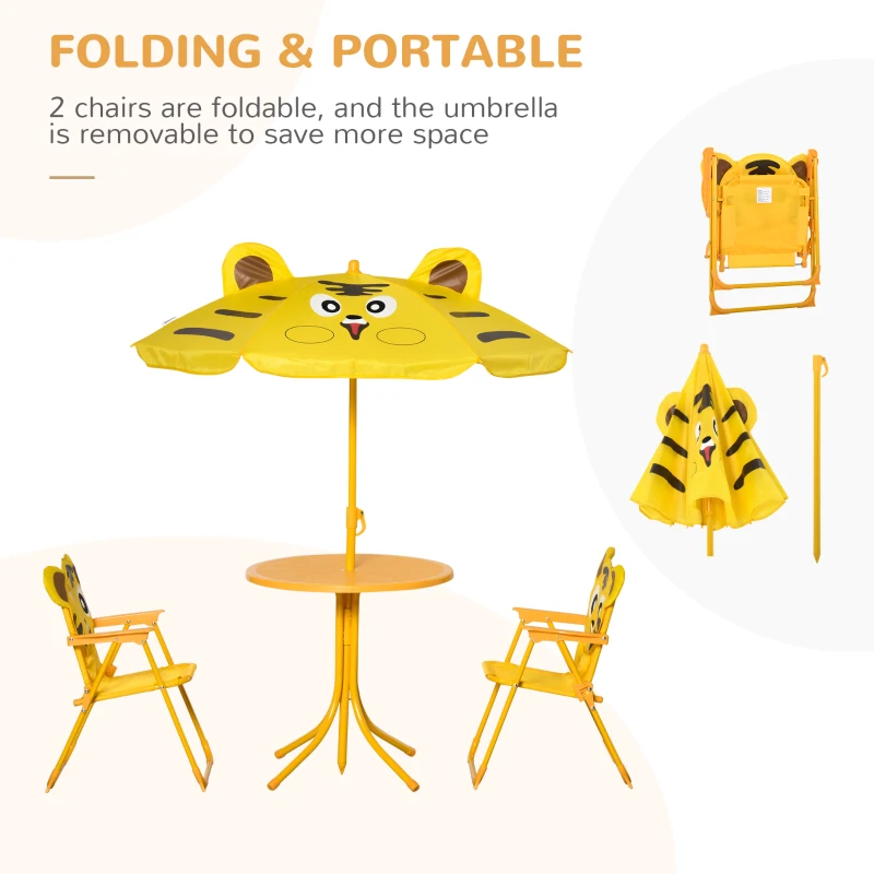 Outsunny Kids Folding Picnic Table and Chair Set Pattern Outdoor Garden Patio Backyard with Removable & Height Adjustable Sun Umbrella Yellow
