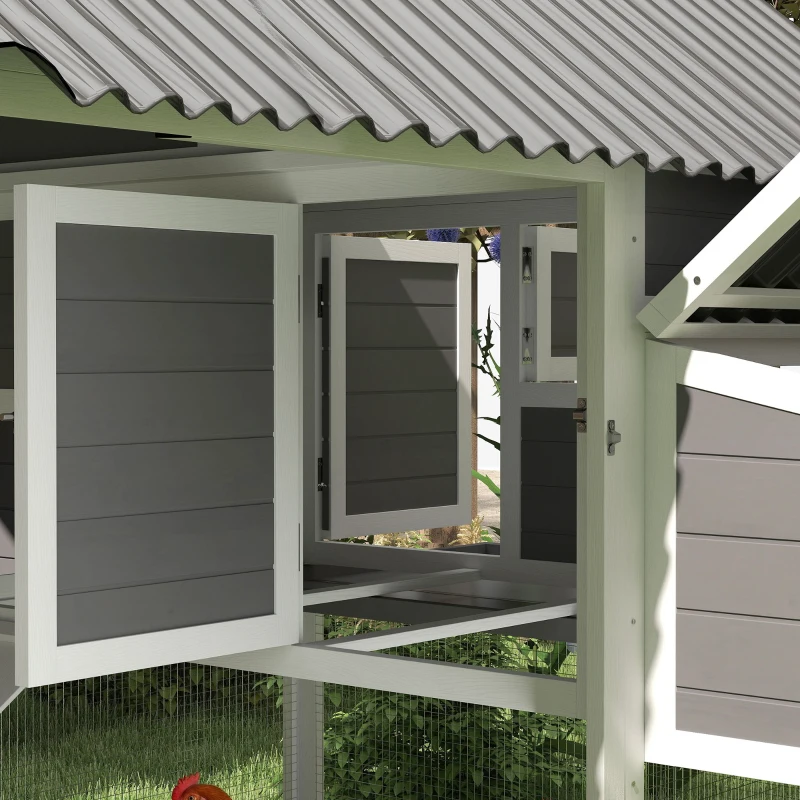 PawHut Wooden Chicken Coop with Run, 2 Nesting Boxes, 2 Roosting Bars, Ramp & Tray, Poultry Cage for 6-8 Chickens, Gray