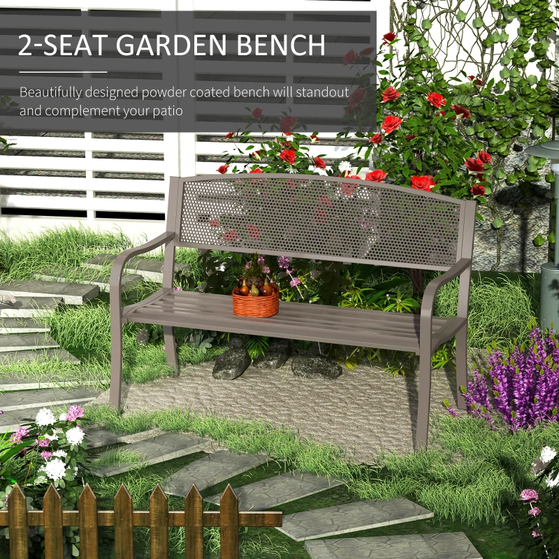 Outsunny 50" Steel Garden Bench Outdoor Patio 2-Person Park Seat Yard Furniture Loveseat Brown