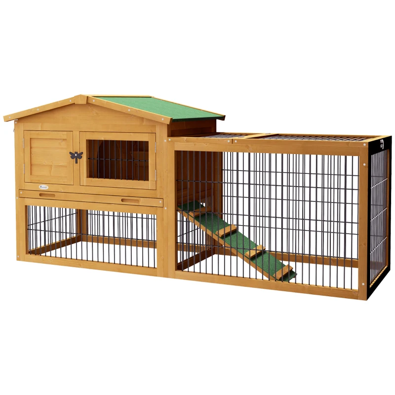 PawHut Wood Rabbit Hutch w/ Ramp, Openable Roof, Pull-out Tray, Yellow