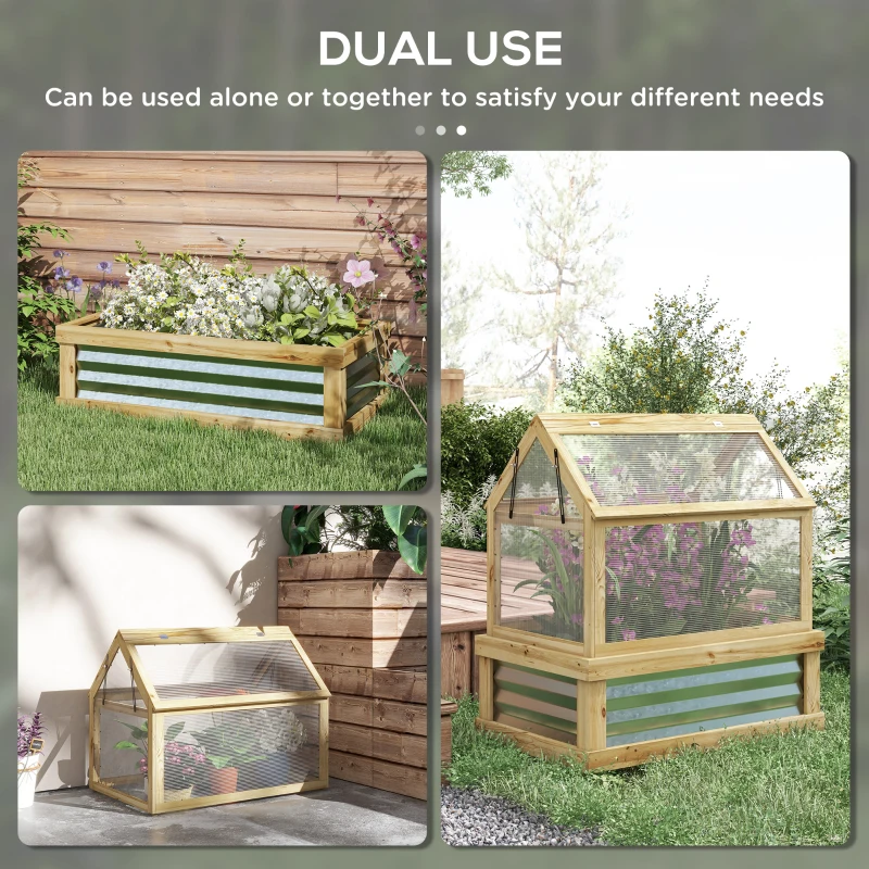 Outsunny Raised Garden Flower Bed Kit with Greenhouse, Wooden Cold Frame Planter, 35.5" x 22.5" x 38.25", Natural