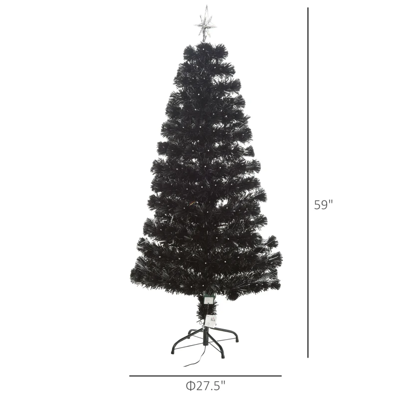 HOMCOM 5ft Prelit Artificial Christmas Tree with LED Lights, Multicolored Fiber Optics and Realistic Branch Tips, Black