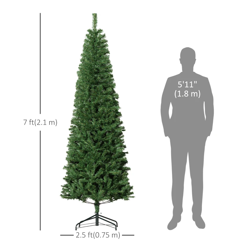 HOMCOM 7FT Pencil Christmas Tree, Artificial Christmas Tree with Automatic Open for Home Party, Green