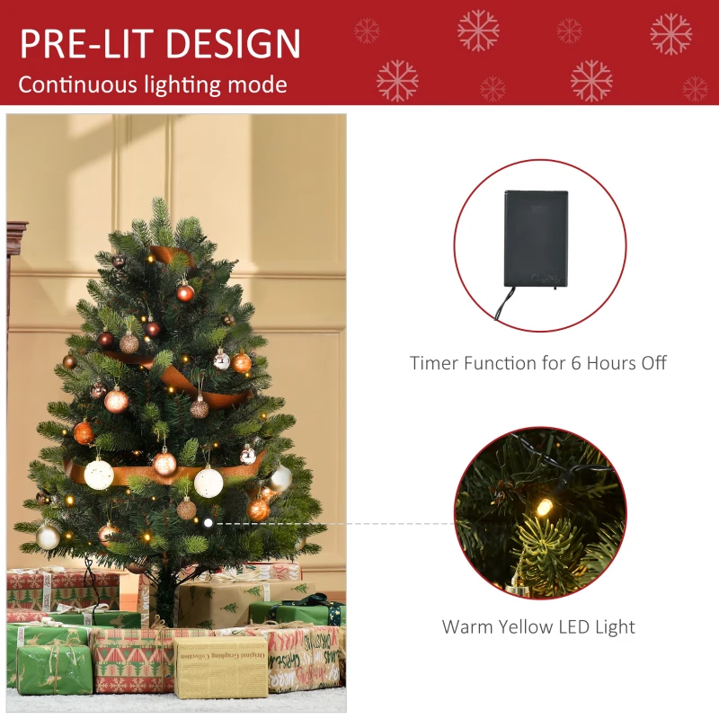 HOMCOM 3' Tall Lit Full Fir Artificial Christmas Tree with Realistic Branches, 60 LED and 227 Tips, Green