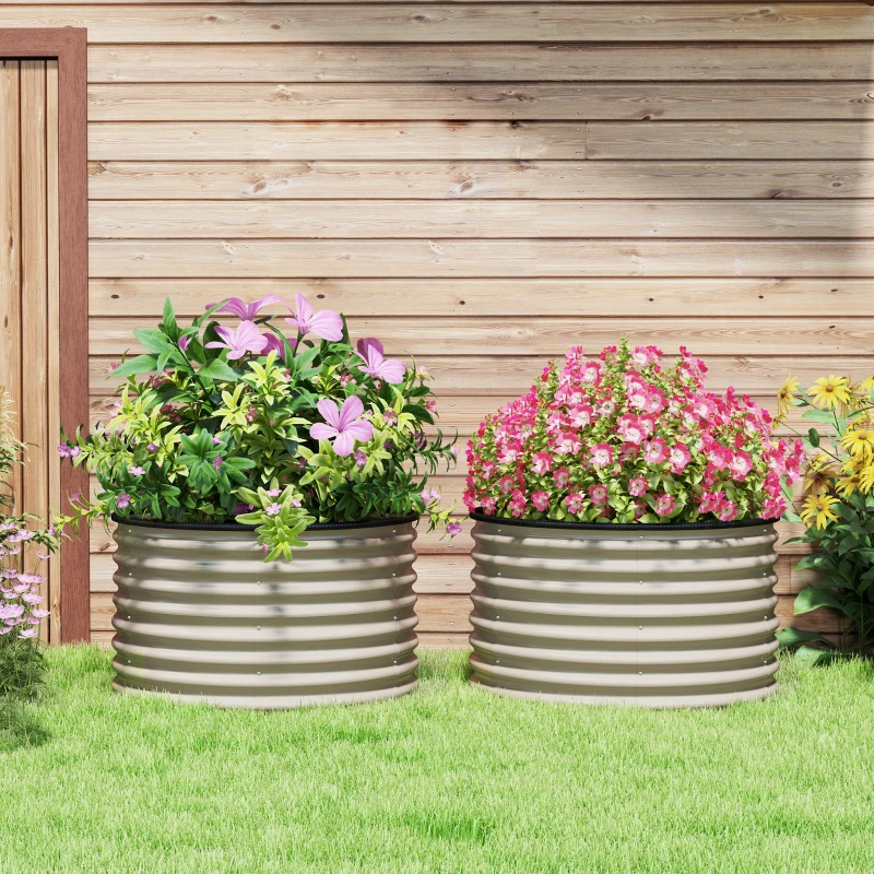 Outsunny Set of 2 Raised Garden Bed, Metal Planter Box with Safety Edging, Easy-to-assemble Stock Tank, Cream White