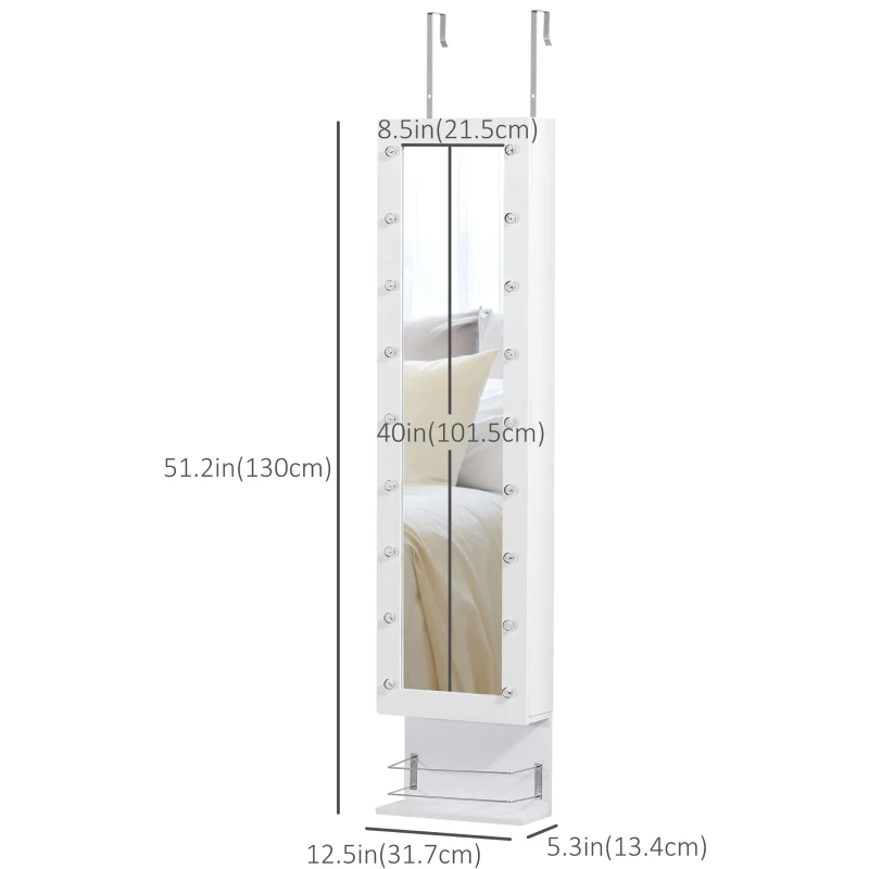 HOMCOM Mirror Jewellery Cabinet Armoire, Jewellery Organizer with 18 LED Lights, Wall-Mounted and Over-The-Door Cabinet with 3 Mountable Heights, Drawer and Open Shelf, White