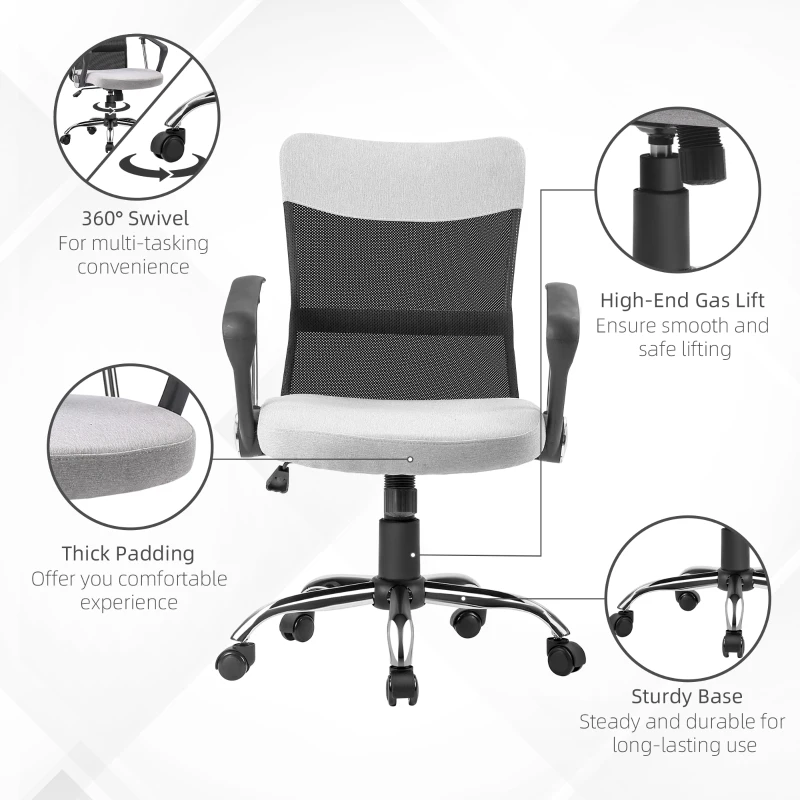 Vinsetto Mid Back Office Chair, Linen-feel Mesh Computer Desk Chair with Lumbar Back Support, Arm, Adjustable Height, Grey