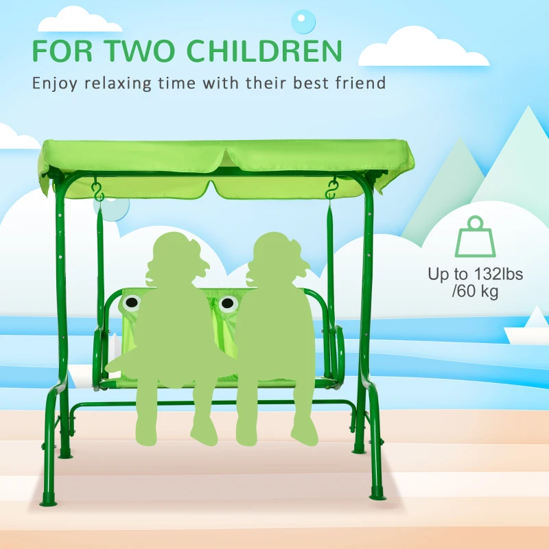 Outsunny Porch Swing for Kids with Adjustable Canopy to Block Sun at Angles, Kids Swing Chair with Seatbelts, Frog Pattern, Gift for Kids Ages 3-6, Green
