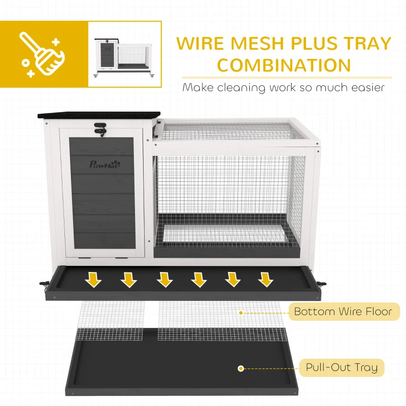 PawHut Wooden Rabbit Hutch with Pull-Out Tray, Asphalt Openable Roof, Small Animal Cage on Wheels with Run, Grey
