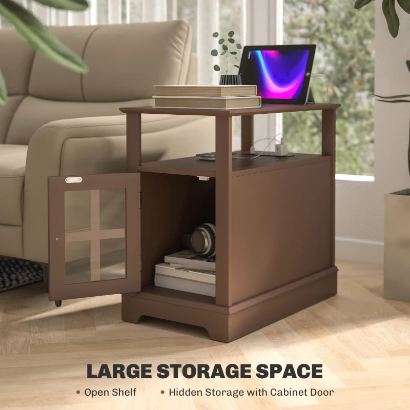 HOMCOM Narrow Side Table End Table with Charging Station, USB Ports, Modern End Table with Storage for Living Room, Brown