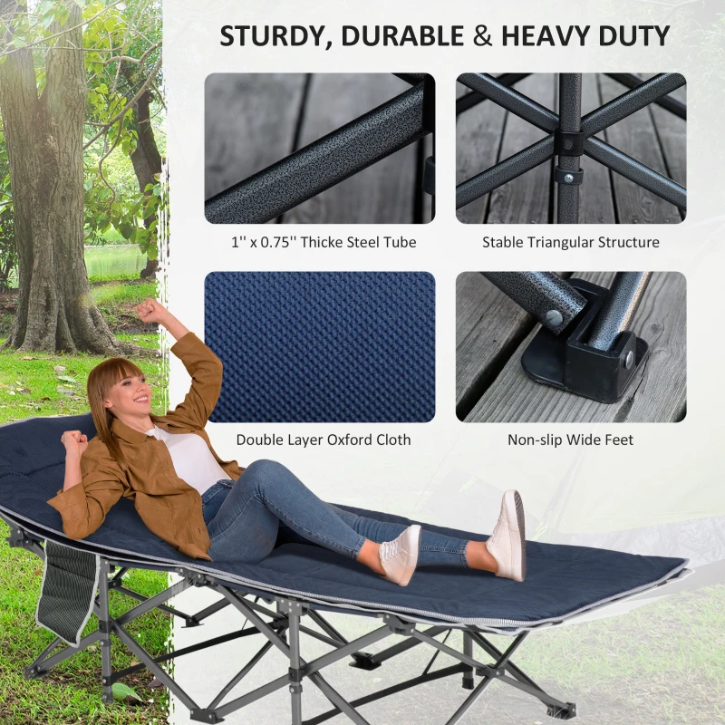 Outsunny Folding Camping Cot, Double Layer Heavy Duty Sleeping Cot with Carry Bag, Headrest, 2-Sided Reversible Mattress, Portable & Lightweight Cot Bed, Blue