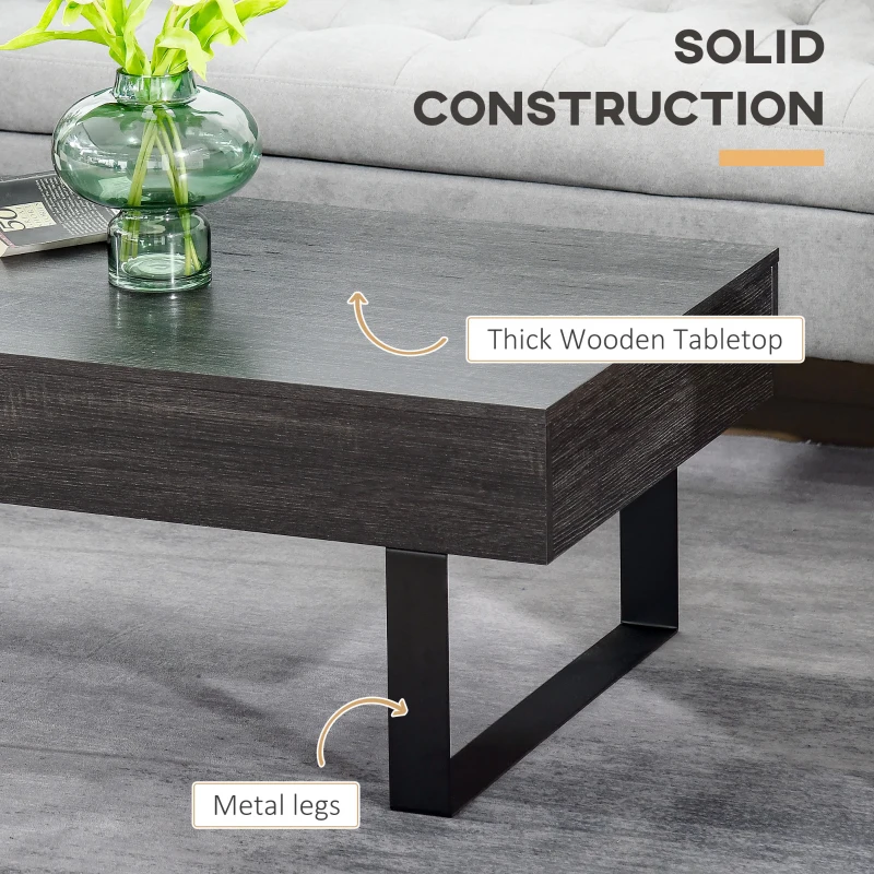 HOMCOM Mid-century Modern Coffee Table with Storage Drawer, Metal Sled Designed Legs and Wood Grain Surface for Living Room, Dark Grey