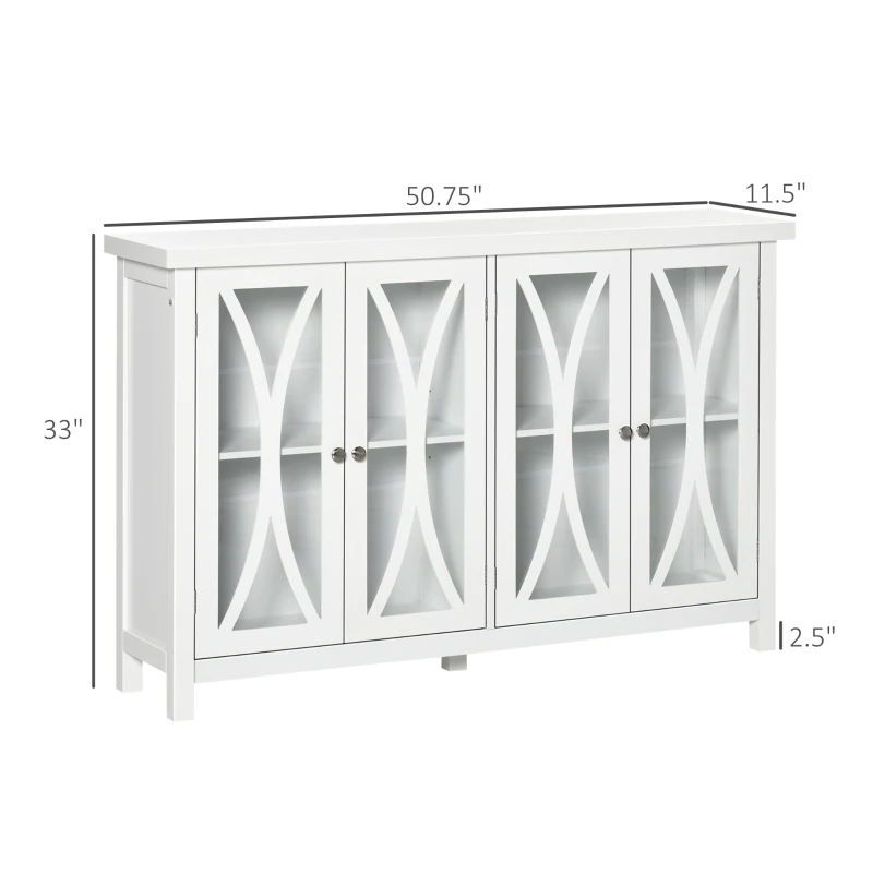 HOMCOM Sideboard, Buffet Cabinet with 4 Tempered Glass Doors, Arc Pattern and Adjustable Storage Shelf, Credenza, White