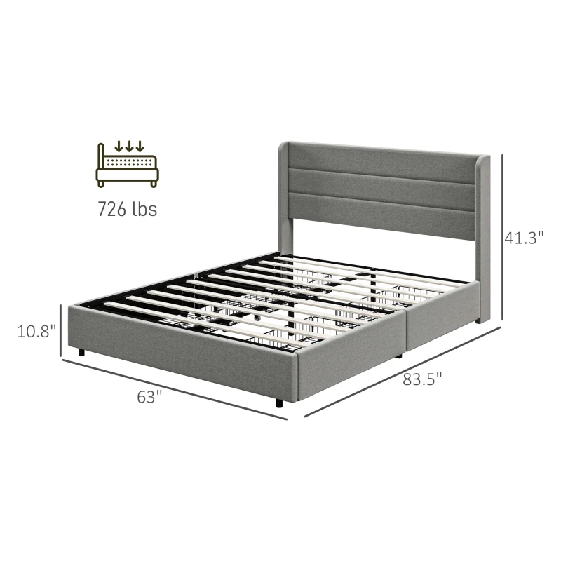 HOMCOM Queen Bed Frame with Storage Drawers, Queen Size Bed Base with Headboard, Wood Slats, Noise-Free, Light Gray