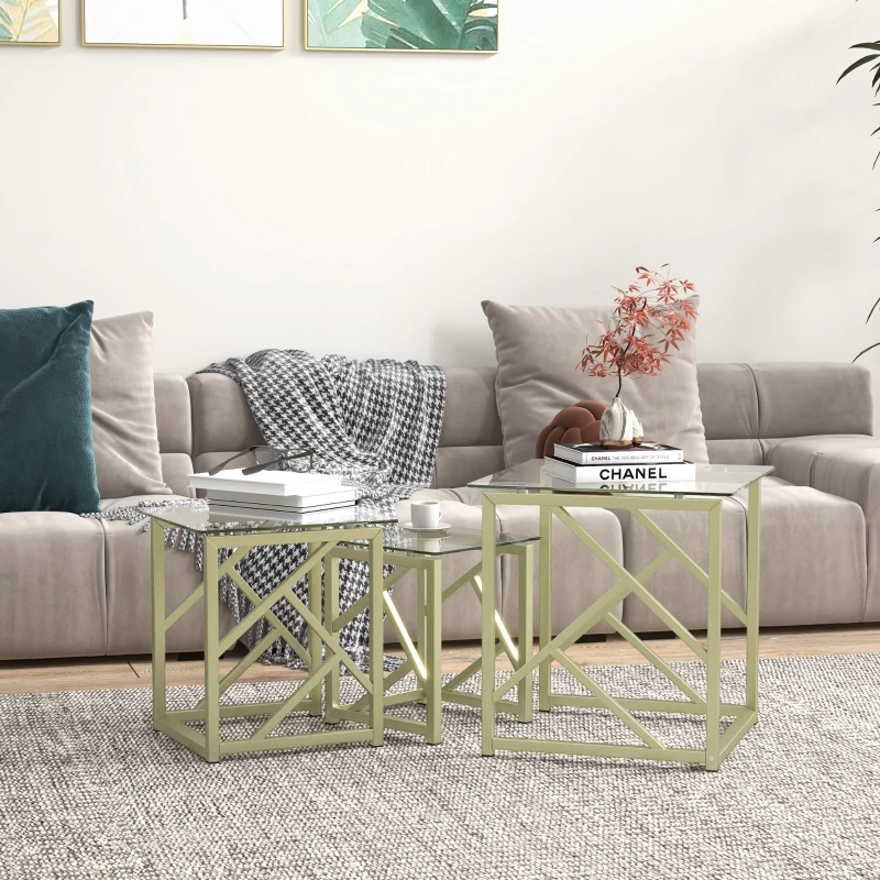 HOMCOM Glass Coffee Table Set of 3, Nest of Tables for Living Room with Tempered Glass Top and Steel Frame, Brushed Gold