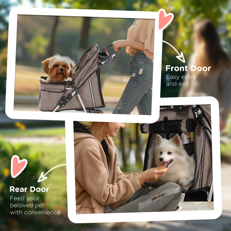 PawHut Cat Stroller, 3 Wheels Foldable Dog Stroller with Storage Basket, Brake, Adjustable Canopy, Cupholders, Pet Stroller for Miniature and Small Dogs Travel, Coffee