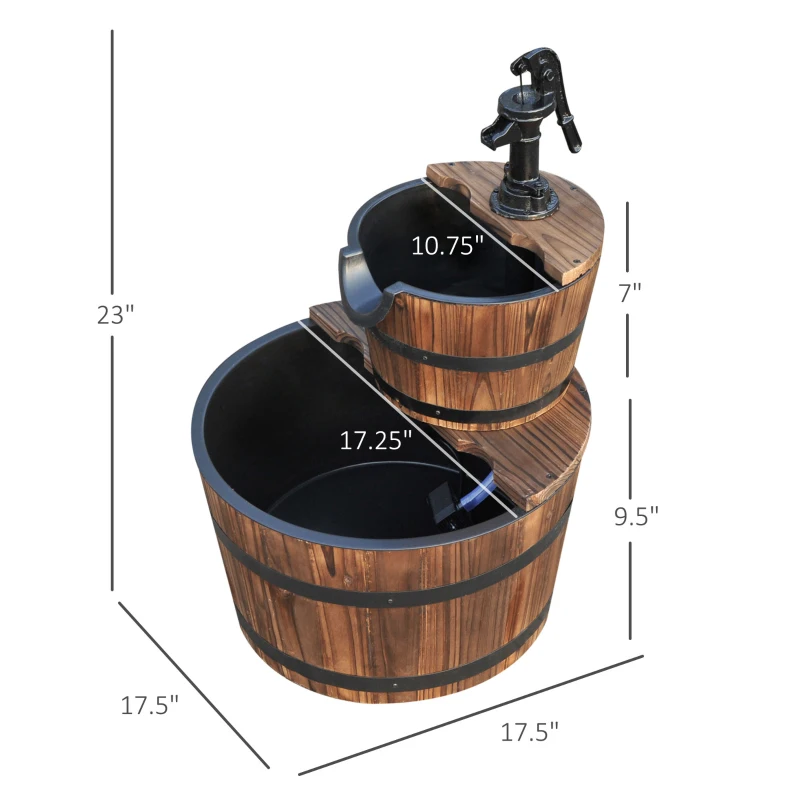 Outsunny 2-Tier Wooden Barrel Water Fountain with Electric Pump Cascading Feature Outdoor Indoor Decoration