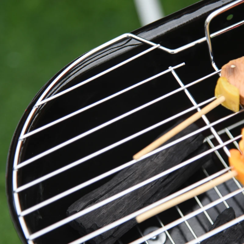 Outsunny Charcoal BBQ Grill, Portable Kettle Barbecue Smoker with Lid, Wheels, Storage Rack, Red