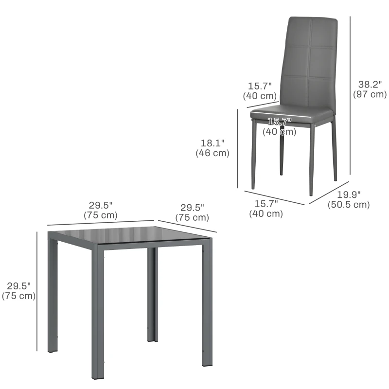 HOMCOM 3-Piece Rectangular Glass Kitchen Table and Chairs with Metal Frame and Faux Leather Upholstery for Dining Room, Grey