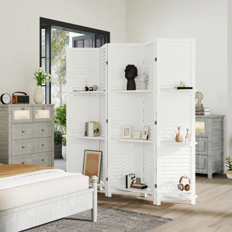 HOMCOM 5 Panel 67" Tall Wood Privacy Screen Room Divider with 3 Shelves and Folding Storage for Bedroom, White