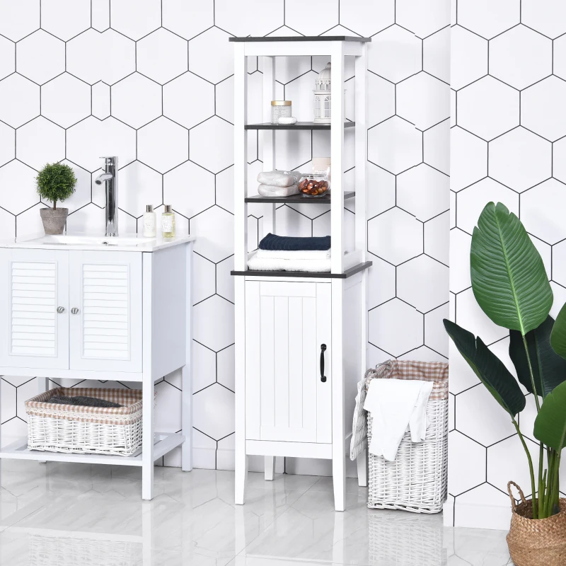 kleankin Tall Bathroom Cabinet Cupboard Storage Unit White Freestanding Shower Shelves
