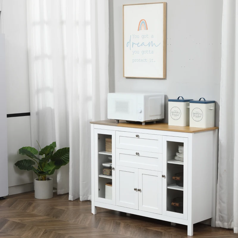HOMCOM Buffet Cabinet Sideboard with 2 Drawers, 3 Storage Cabinets, Glass Doors and Adjustable Shelves, White
