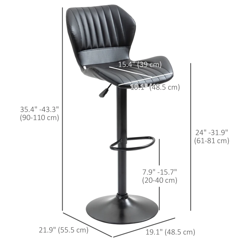 HOMCOM Shell Back Bar Stool Set of 2, PU Leather Adjustable Swivel Barstools with Chrome Base and Footrest for Kitchen Counter, Pub, Black