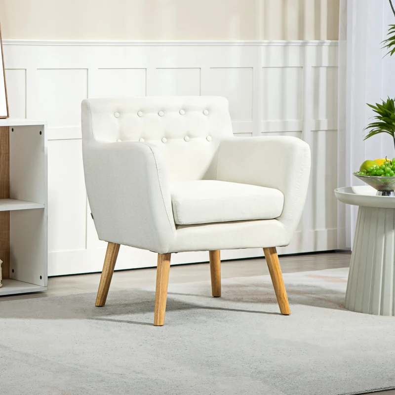 HOMCOM Linen Upholstery Armchair, Mid-Century Modern Accent Chair with Wood Frame and Thick Padding, Cream White